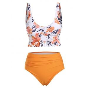 

Floral Ruffled Ruched Tankini Swimwear, Orange