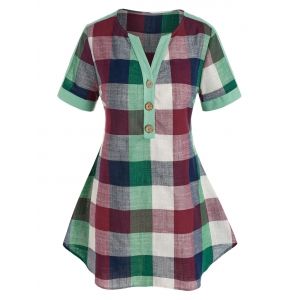 

Plus Size Plaid Button Placket V Notch Top, Multi