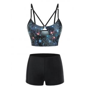 

Galaxy Print Strappy Keyhole Cutout Boyshorts Tankini Swimwear, Black