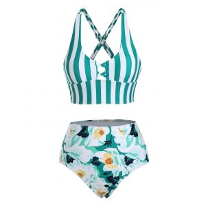 

Striped Floral Lattice Crisscross Tankini Swimwear, Green