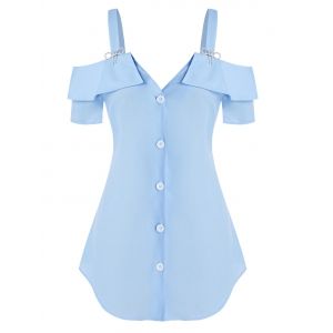 

Plus Size Diamante Bowknot Cold Shoulder Ruffle Blouse, Light blue