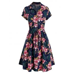 

Belted Tropical Flower Print Shirt Dress, Deep blue