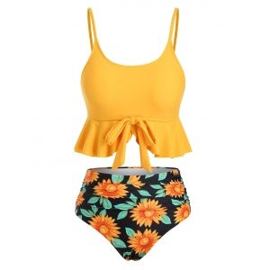 

Sunflower Knot Ruffled Ruched Tankini Swimwear, White