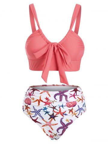 Marine Life Knot Ruched High Waist Bikini Swimwear - ORANGE - XL