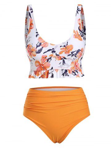 Floral Ruffled Ruched Tankini Swimwear - ORANGE - S