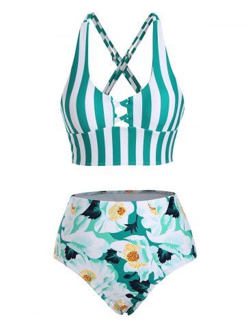 Striped Floral Lattice Crisscross Tankini Swimwear - GREEN - S