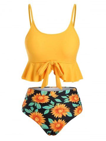 Sunflower Knot Ruffled Ruched Tankini Swimwear - YELLOW - XXL