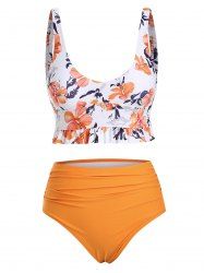 Floral Ruffled Ruched Tankini Swimwear -  