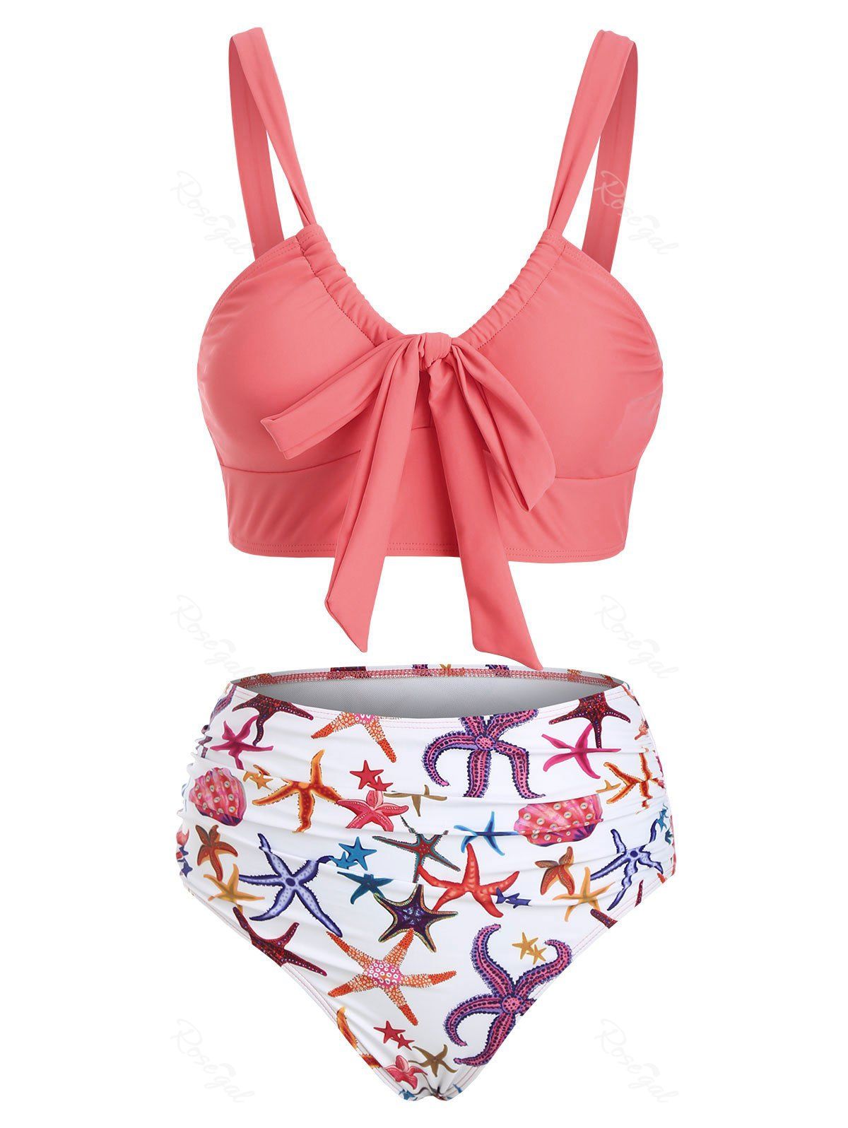 Maillot de Bain Bikini Noué à Taille Haute à Volants Orange M