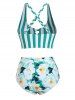 Maillot de Bain Tankini Croisé Rayé Fleuri en Treillis - Vert XXL