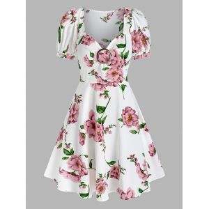 

Floral Print Puff Sleeve Flare Dress, White