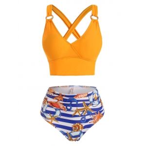 

Marine Striped Print O Ring Lace Up Tummy Control Tankini Swimwear, Multi