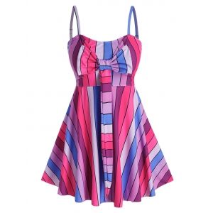 

Plus Size Colorful Striped Tied Empire Waist Tankini Swimwear, Multi