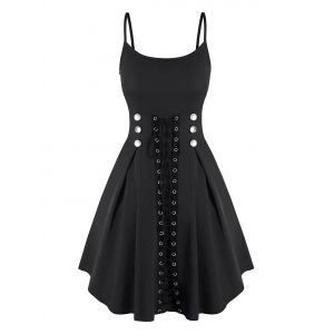 

Spaghetti Strap Mock Button Lace-up Front Dress, Black