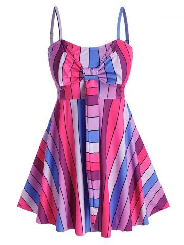 Plus Size Colorful Striped Tied Empire Waist Modest Tankini Swimsuits - MULTI - L
