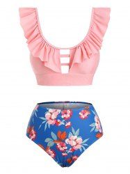 Maillot de Bain Tankini Découpé Fleuri à Volants - Rose clair XXL