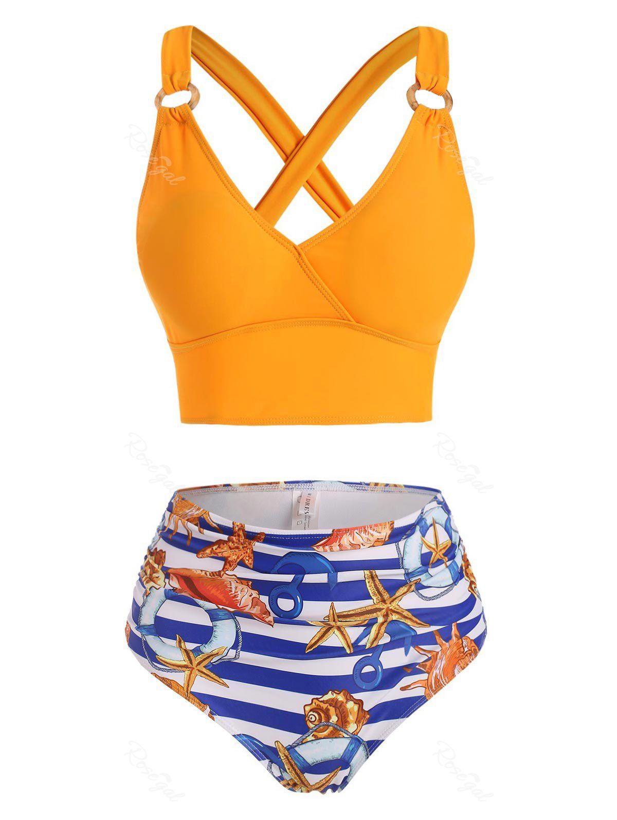 Buy Marine Striped Print O Ring Lace Up Tummy Control Tankini Swimwear  