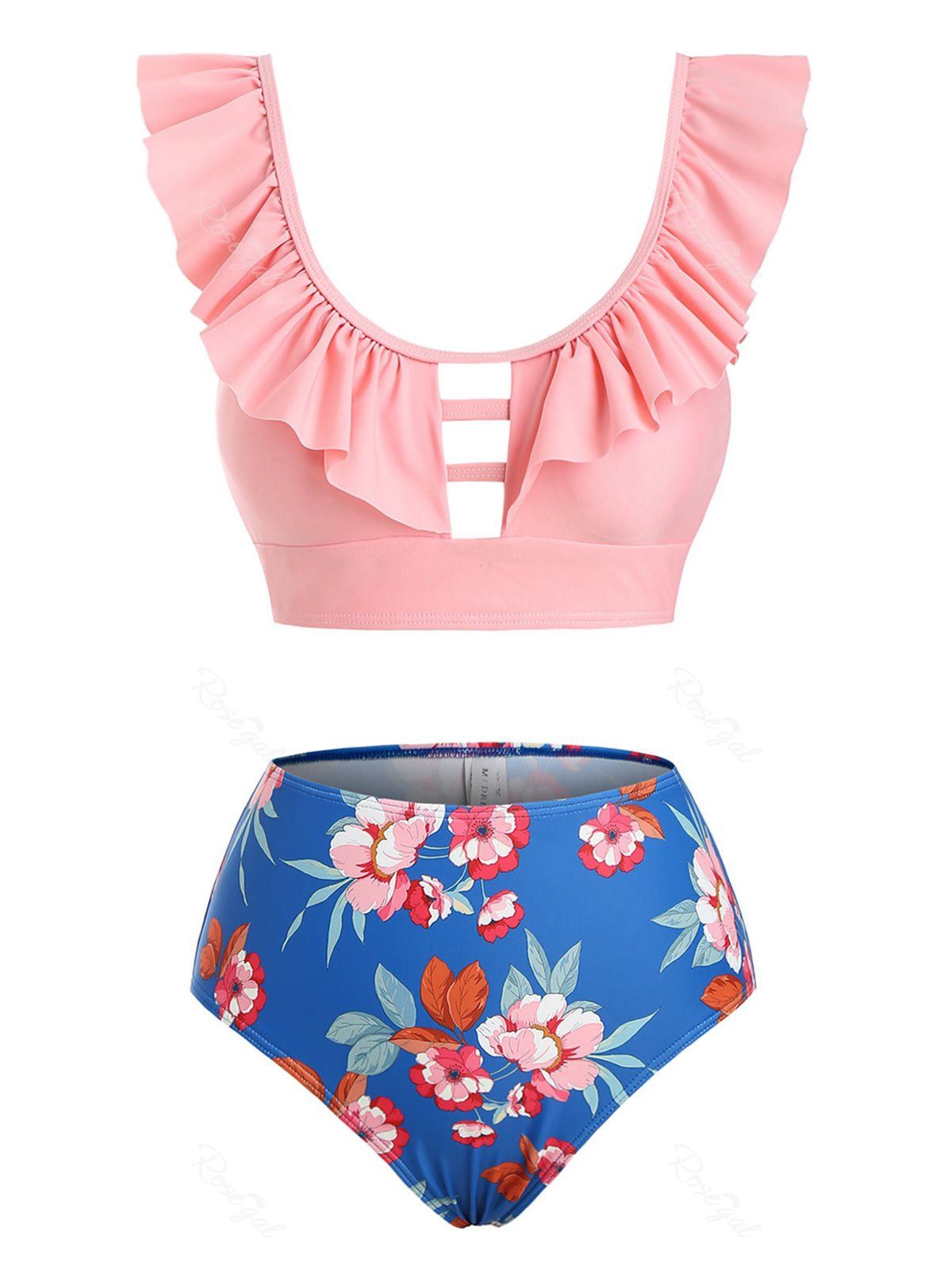 Maillot de Bain Tankini Découpé Fleuri à Volants Rose clair XXL