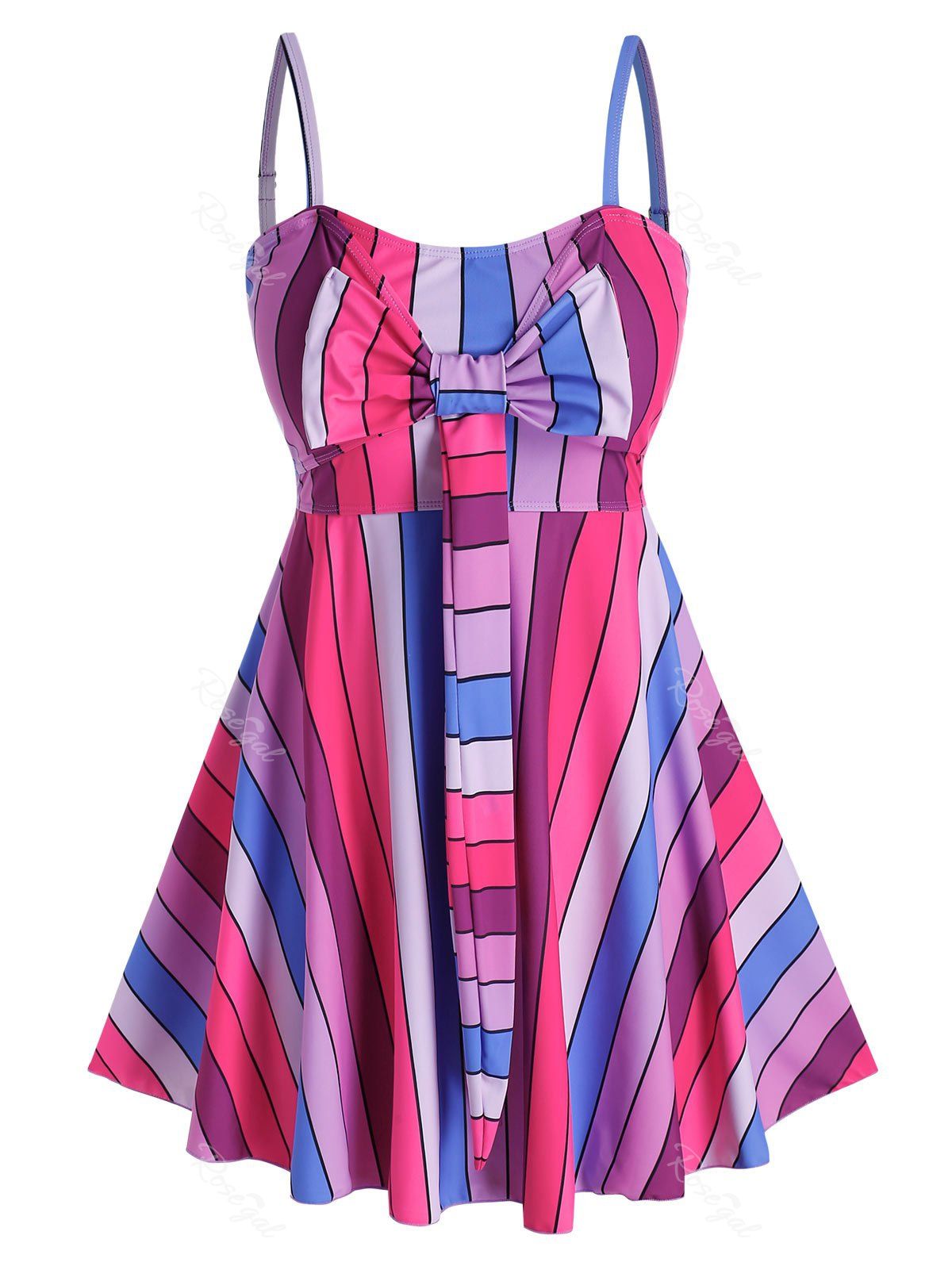 Trendy Plus Size Colorful Striped Tied Empire Waist Modest Tankini Swimsuits  