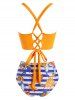 Marine Striped Print O Ring Lace Up Tummy Control Tankini Swimwear -  