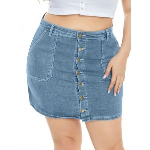

Pockets Button Up Plus Size Denim Skirt, Light blue