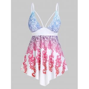 

Plus Size Printed Cutout High Rise Skirted Tankini Swimwear, White