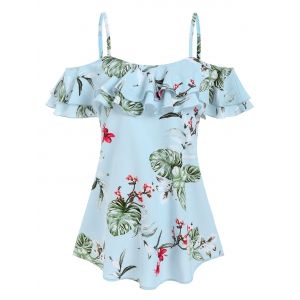 

Cold Shoulder Tropical Floral Print Flounced Blouse, Light blue