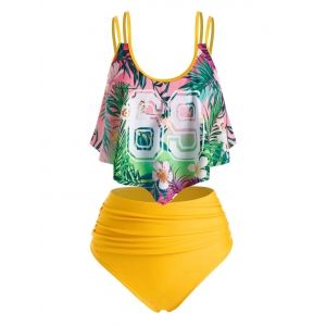 

Plus Size Flower Leaf Flounce High Waisted Tankini Swimwear, Yellow