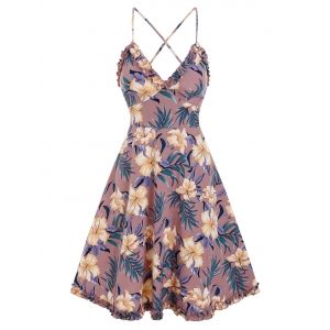 

Spaghetti Strap Floral Print Ruffle Vacation Dress, Light purple