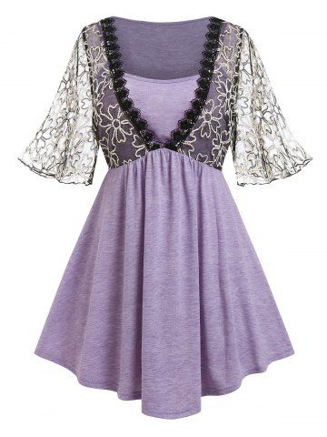 Plus Size & Curve Flower Embroidered Mesh Colorblock T Shirt - PURPLE - 1X | US 14-16