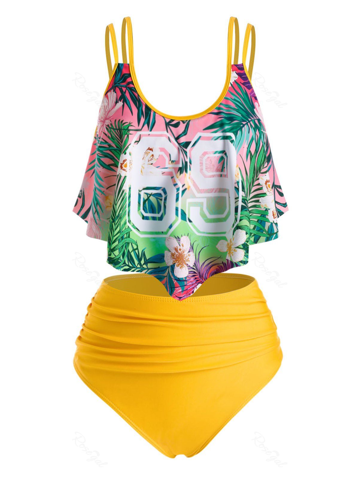 Fashion Plus Size Flower Leaf Flounce High Waisted Tummy Control Tankini Swimwear  