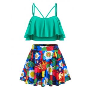 

Plus Size Flower Flounce Three Piece Skirted Tankini Swimwear, Green