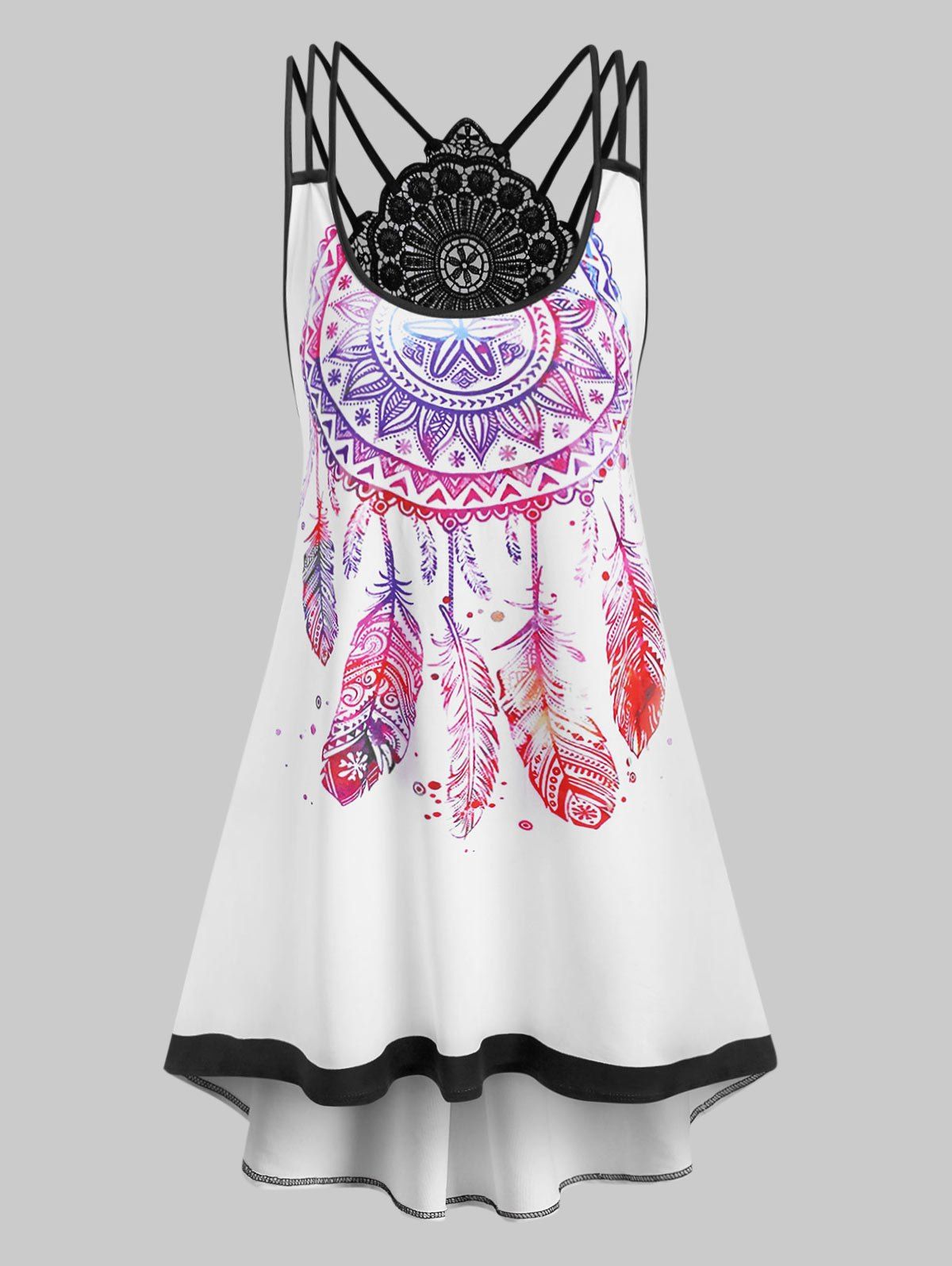 

Plus Size Strappy Dreamcatcher Print High Low Dress, White