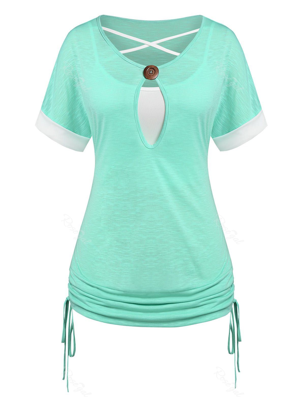 Sale Plus Size & Curve Keyhole Colorblock Cinched T Shirt with Crisscross Camisole  