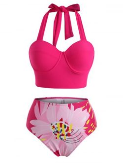Plus Size Lace-up Flower Bustier Underwire High Rise Tankini Swimwear - LIGHT PINK - 2X