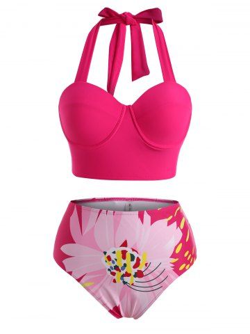 Plus Size Lace-up Flower Bustier Underwire High Rise Tankini Swimwear - LIGHT PINK - 5X
