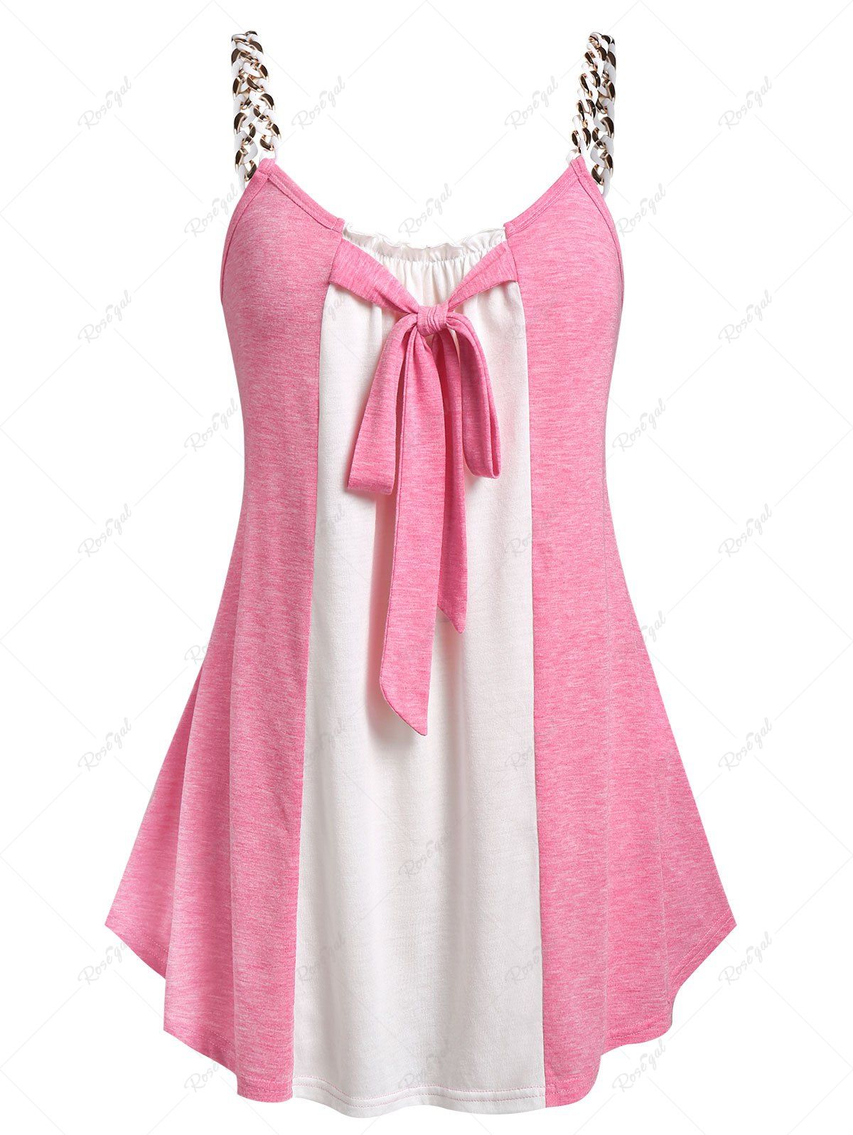 Débardeur à Bretelle Fine Courbe en Blocs de Couleurs avec Nœud Papillon de Grande Taille à Volants Rose clair 5x | US 30-32