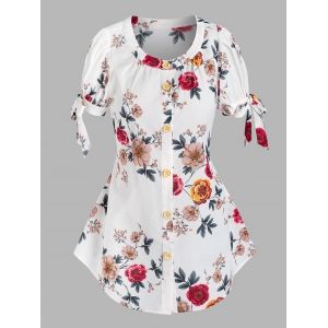 

Button Front Floral Tie Sleeve Blouse, White