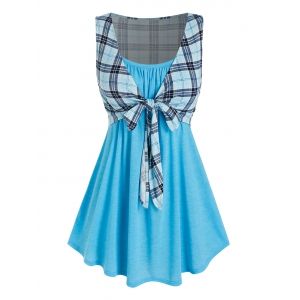 

Plus Size Longline Camisole with Plaid Tie Front Tank Top, Light blue