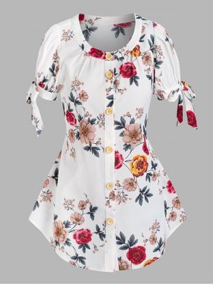 Button Front Floral Tie Sleeve Blouse
