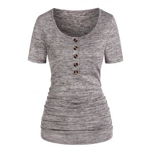 

Ruched Space Dye Print Henley T-shirt, Light coffee