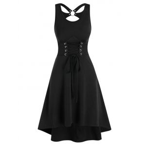 

Cut Out Lace-up Sleeveless High Low Dress, Black