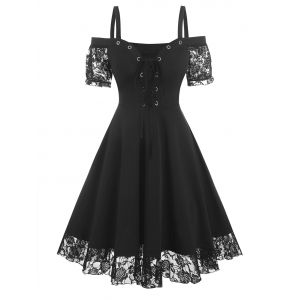 

Cold Shoulder Flower Lace Insert Lace-up Gothic Dress, Black