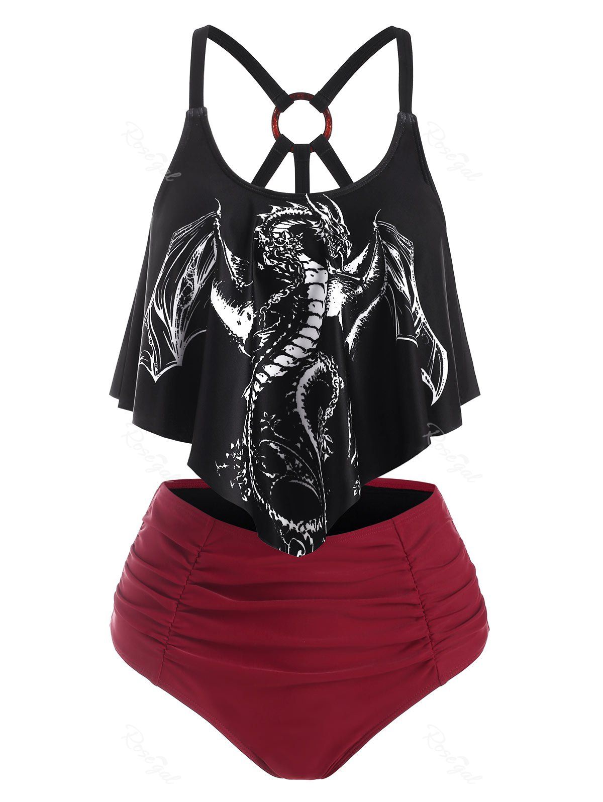 Outfit Dragon Print O Ring Strappy Ruched Tankini Swimwear  
