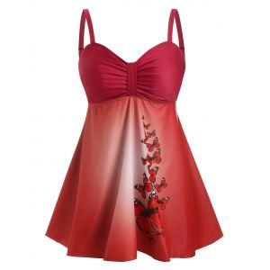 

Plus Size Butterfly Print Empire Waist Tankini Swimwear, Red