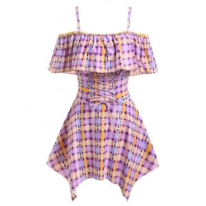 

Plus Size Handkerchief Cold Shoulder Ruffled Plaid Tankini Swimwear, Multi