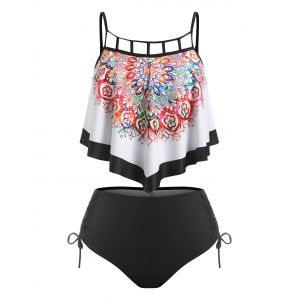 

Plus Size Ruffled Cinched Cutout Tankini Swimwear, Multi