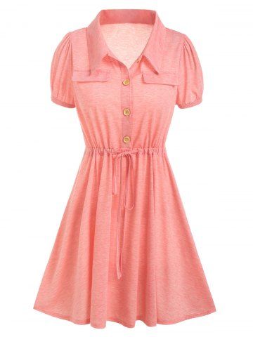 Toggle Drawstring Half Button Heathered Dress - LIGHT PINK - XXXL