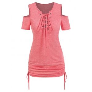 

Lace Up Cold Shoulder Cinched Tee, Light pink