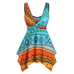

Plus Size Plunge Printed Handkerchief Tankini Swimwear, Multi